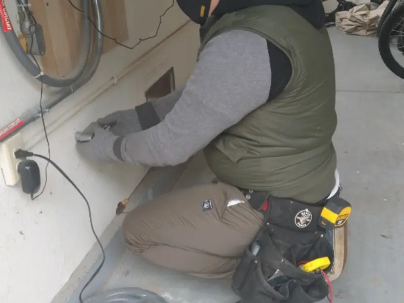 Electrician performing outlet wiring in a Sunland Park garage